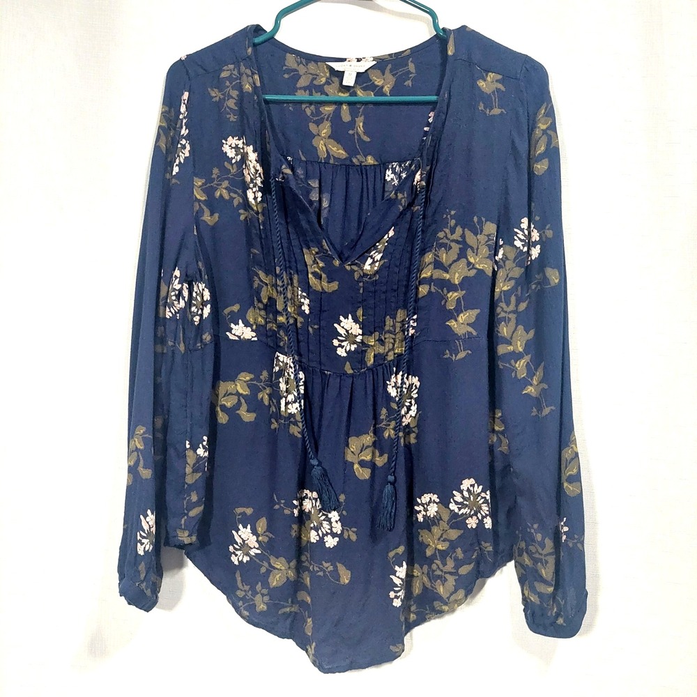 Lucky Brand Womens Medium Peasant Blouse Navy Floral V-Neck Long Button Sleeve